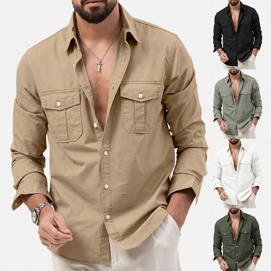 Chemises Pour Hommes LITB | Homme Chemise Chemise Boutonnee Chemise Decontractee Veronese Manche Longue Plein Revers Du Quotidien Vacances Poche Avant Vetement Tenue Mode Decontractees Confortable