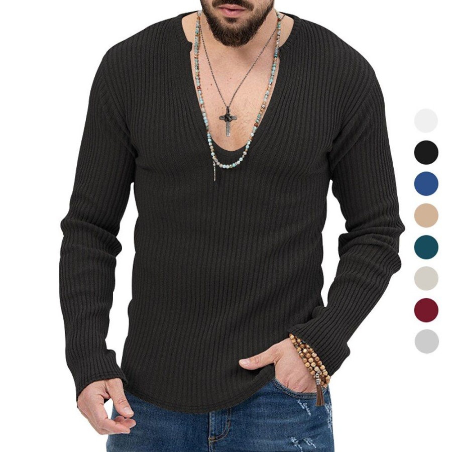 T-Shirts Et Debardeurs Pour Hommes LITB | Homme T Shirt Tee T-Shirt En Tricot T-Shirt Chemise A Manches Longues Plein Bande De Fosse Col V Plein Air Vacances Manche Longue Vetement Tenue Mode Design Basique