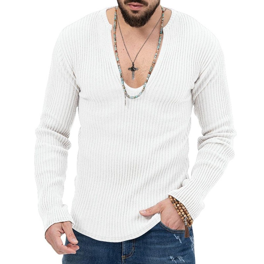 T-Shirts Et Debardeurs Pour Hommes LITB | Homme T Shirt Tee T-Shirt En Tricot T-Shirt Chemise A Manches Longues Plein Bande De Fosse Col V Plein Air Vacances Manche Longue Vetement Tenue Mode Design Basique