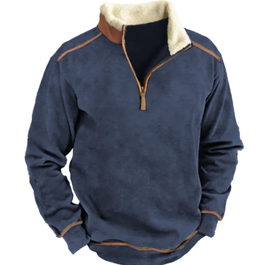 Sweats A Capuche Et Sweat-Shirts LITB | Homme Sweat Shirt Sweat-Shirt Quart De Fermeture Eclair Col Mao Bloc De Couleur Patchwork Sport & Loisir Du Quotidien Vacances Retro Vintage Decontractees Polaire Fine Automne Hiver Vetement Bleu