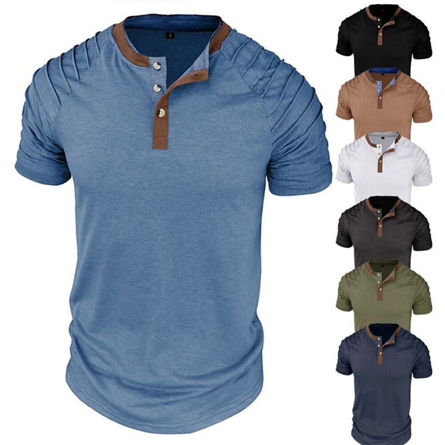 T-Shirts Et Debardeurs Pour Hommes LITB | Homme Chemise Henley Shirt T-Shirt Mince Plisse Henley Plein Air Vacances Manches Courtes Patchwork Vetement Tenue Mode Design Basique