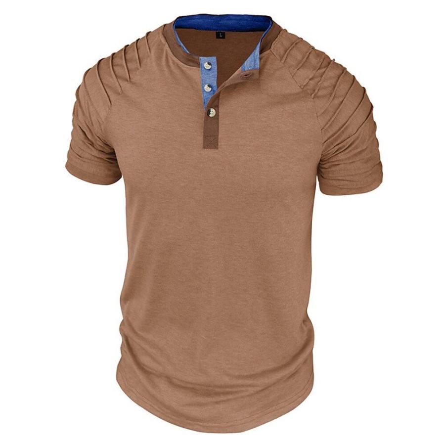 T-Shirts Et Debardeurs Pour Hommes LITB | Homme Chemise Henley Shirt T-Shirt Mince Plisse Henley Plein Air Vacances Manches Courtes Patchwork Vetement Tenue Mode Design Basique