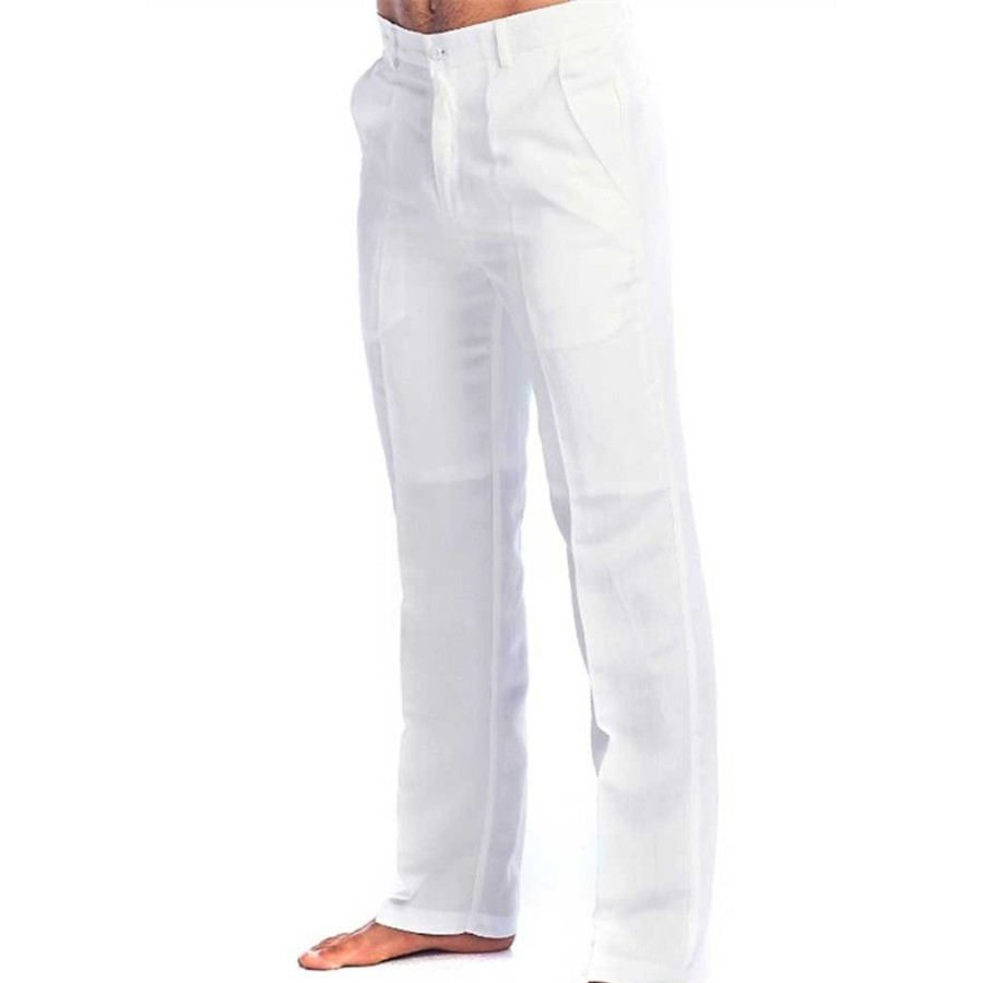 Bas Pour Hommes LITB | Homme Pantalon En Lin Pantalon Pantalons D Ete Pantalon De Plage Jambe Droite Plein Confort Exterieur Casual Du Quotidien Melange De Lin & Coton Basique Vetement De Rue