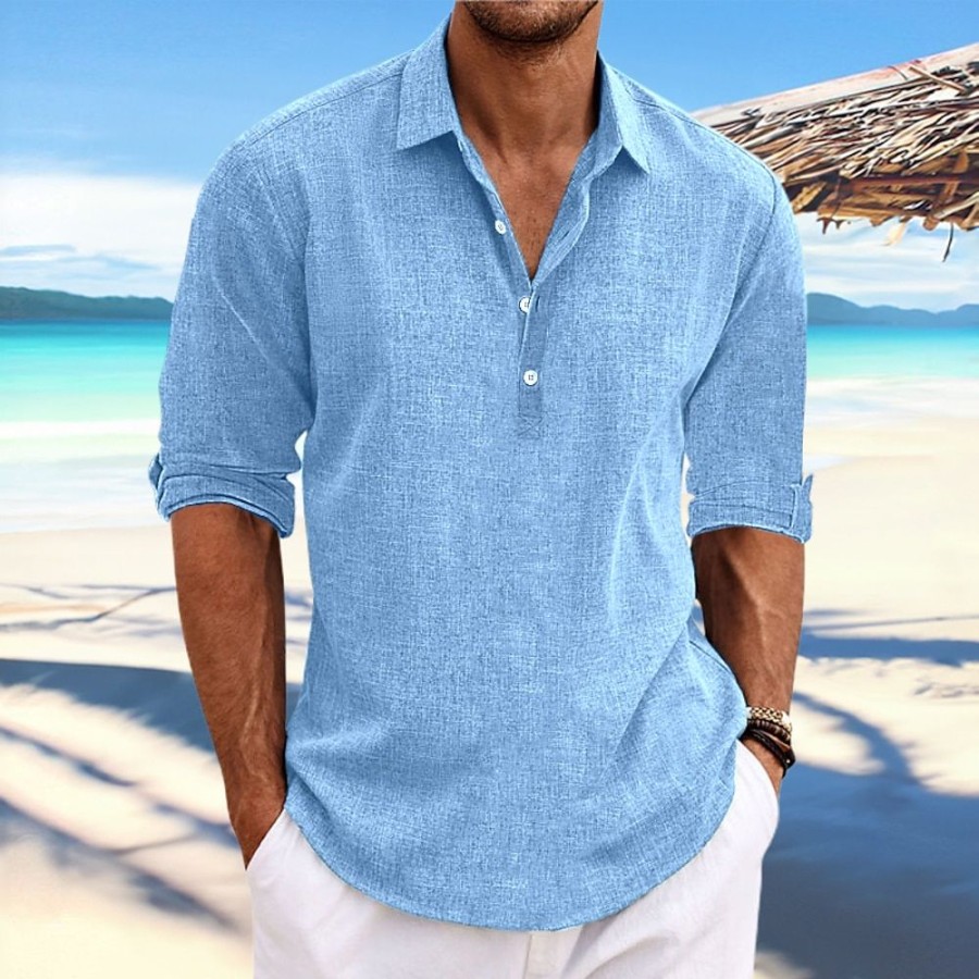 Boutique De Linge LITB | Homme Chemise Chemise Lin Chemisette Chemise D Ete Chemise De Plage Manche Longue Plein Revers Printemps Ete Casual Du Quotidien Vetement Tenue