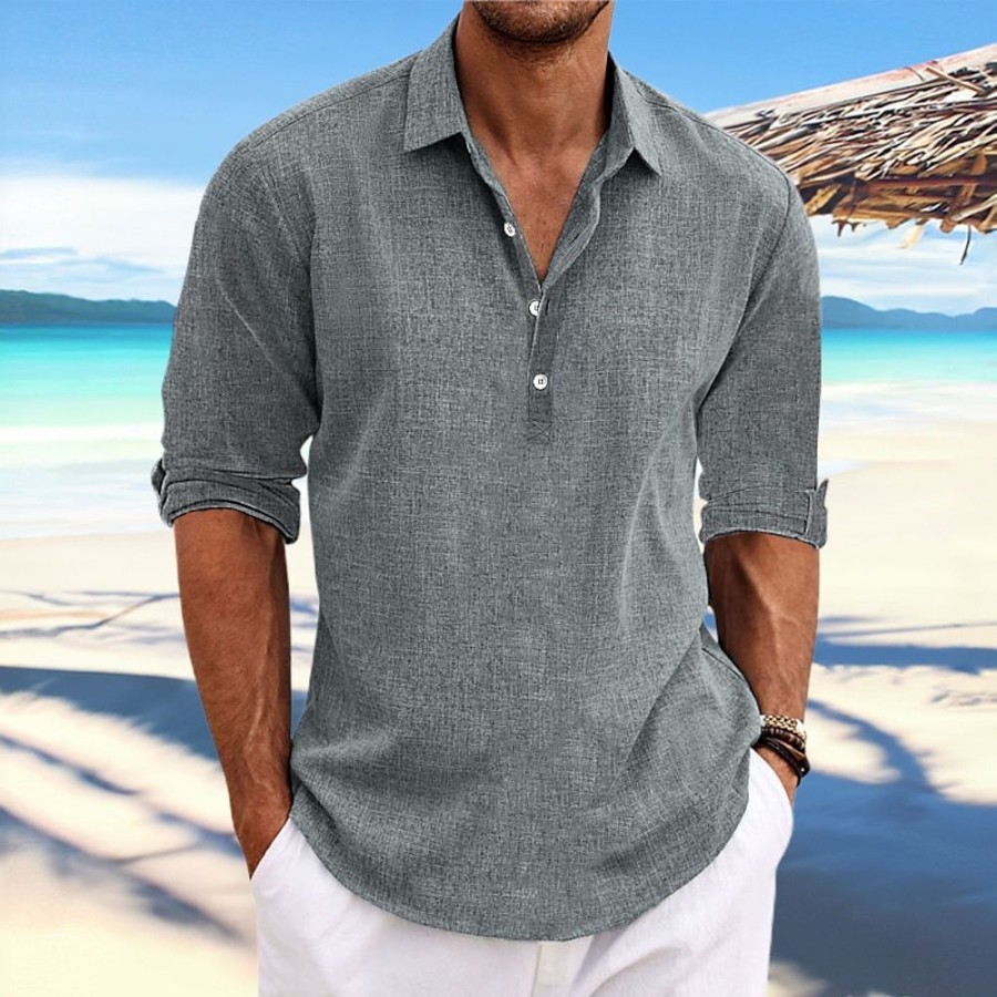 Boutique De Linge LITB | Homme Chemise Chemise Lin Chemisette Chemise D Ete Chemise De Plage Manche Longue Plein Revers Printemps Ete Casual Du Quotidien Vetement Tenue