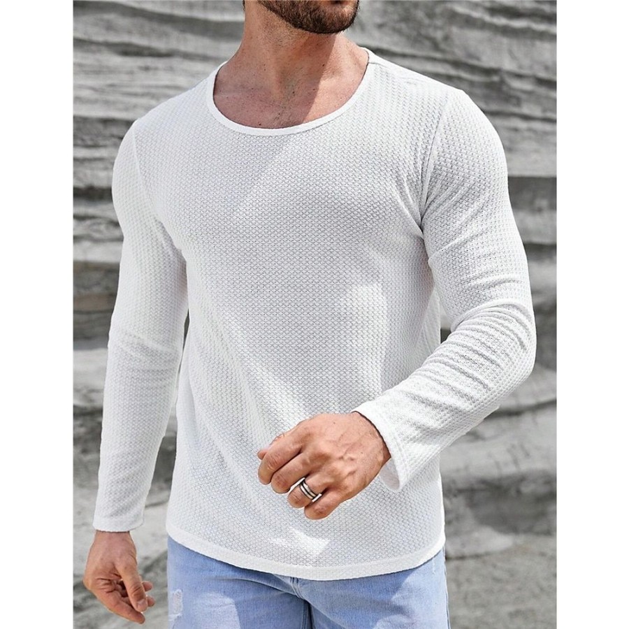 T-Shirts Et Debardeurs Pour Hommes LITB | Homme T Shirt Tee Chemise Gaufree T-Shirt Chemise A Manches Longues Plein Col Ras Du Cou Plein Air Vacances Manche Longue Vetement Tenue Mode Design Basique