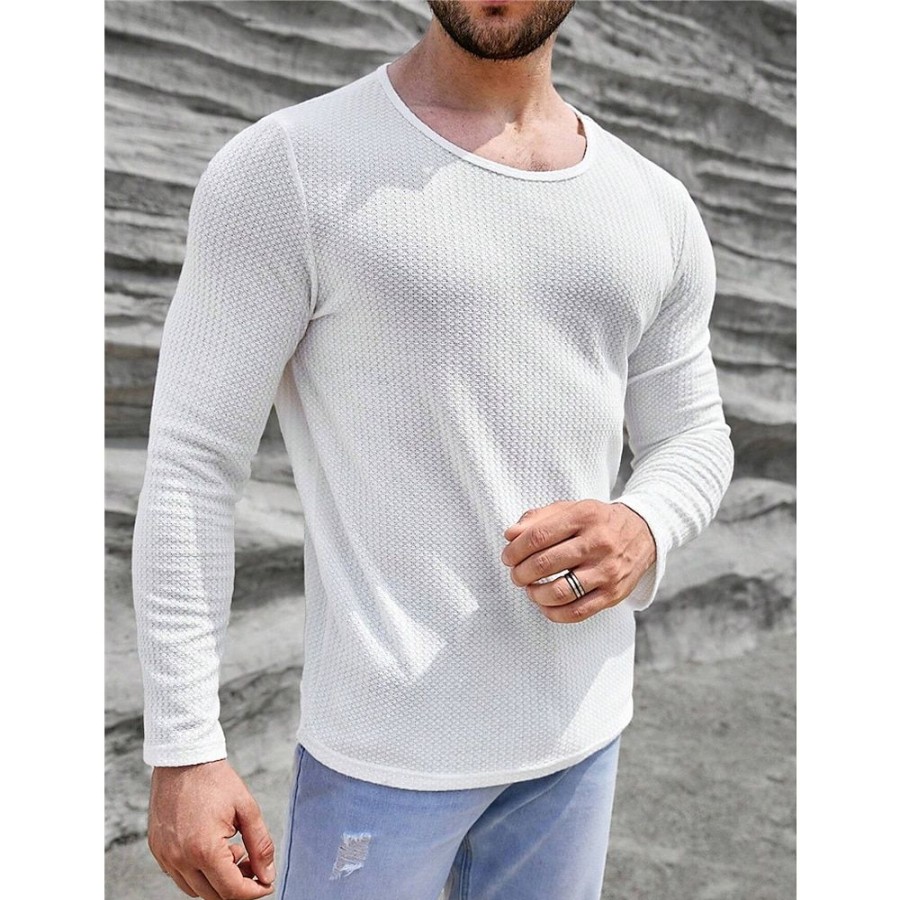 T-Shirts Et Debardeurs Pour Hommes LITB | Homme T Shirt Tee Chemise Gaufree T-Shirt Chemise A Manches Longues Plein Col Ras Du Cou Plein Air Vacances Manche Longue Vetement Tenue Mode Design Basique