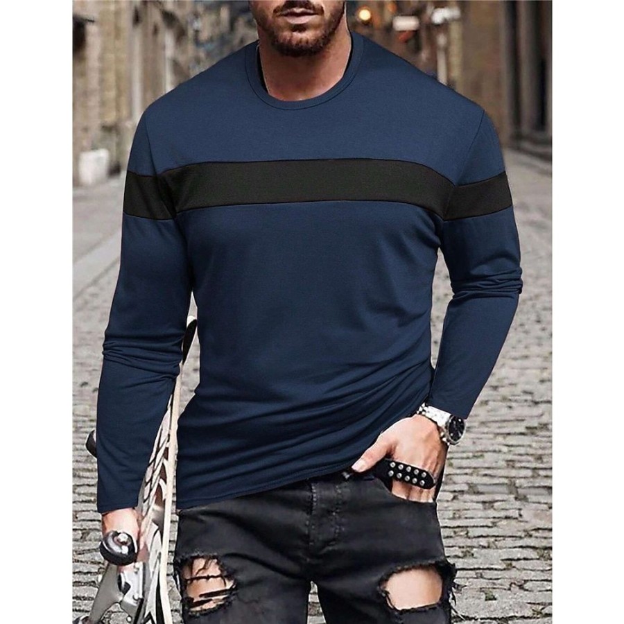 T-Shirts Et Debardeurs Pour Hommes LITB | Homme T Shirt Tee T-Shirt Chemise A Manches Longues Bloc De Couleur Col Ras Du Cou Plein Air Vacances Manche Longue Patchwork Vetement Tenue Mode Design Basique