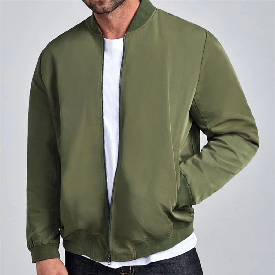 Vetements D'Exterieur Pour Hommes LITB | Denim Retro Vintage Decontractees Homme Bomber Manteau Usage Quotidien Vacances Sortie Automne Hiver Col Mao Manche Longue Xs S M Polyester Veste Vert Veronese