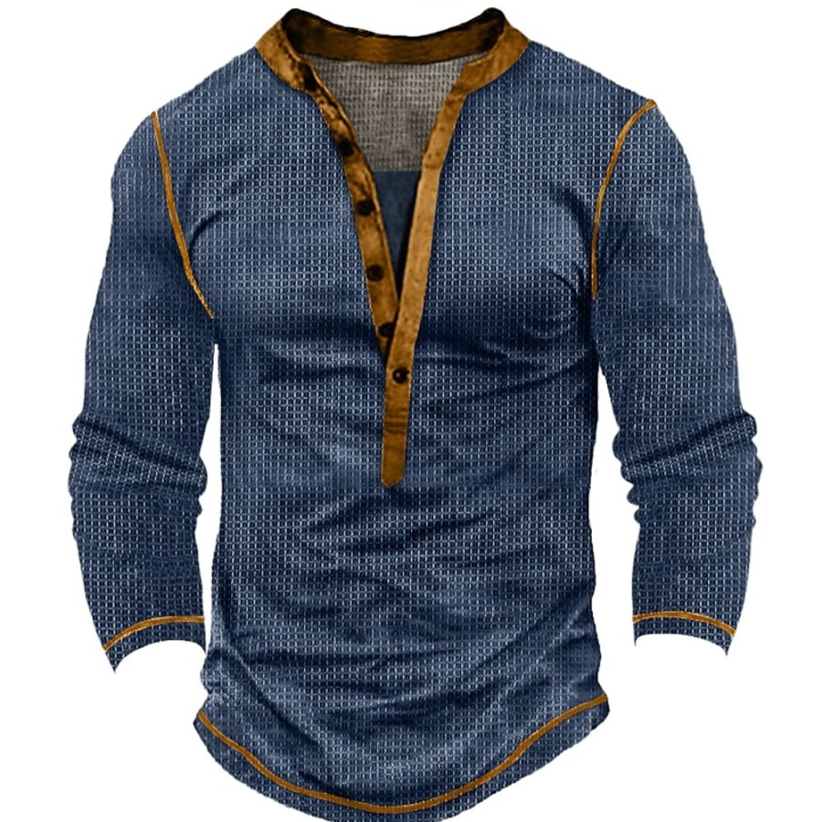 T-Shirts Et Debardeurs Pour Hommes LITB | Homme T Shirt Tee Chemise Henley Gaufree Chemise Henley Shirt T-Shirt Chemise A Manches Longues Bloc De Couleur Henley Plein Air Vacances Manche Longue Patchwork Vetement Tenue Retro Vintage Design