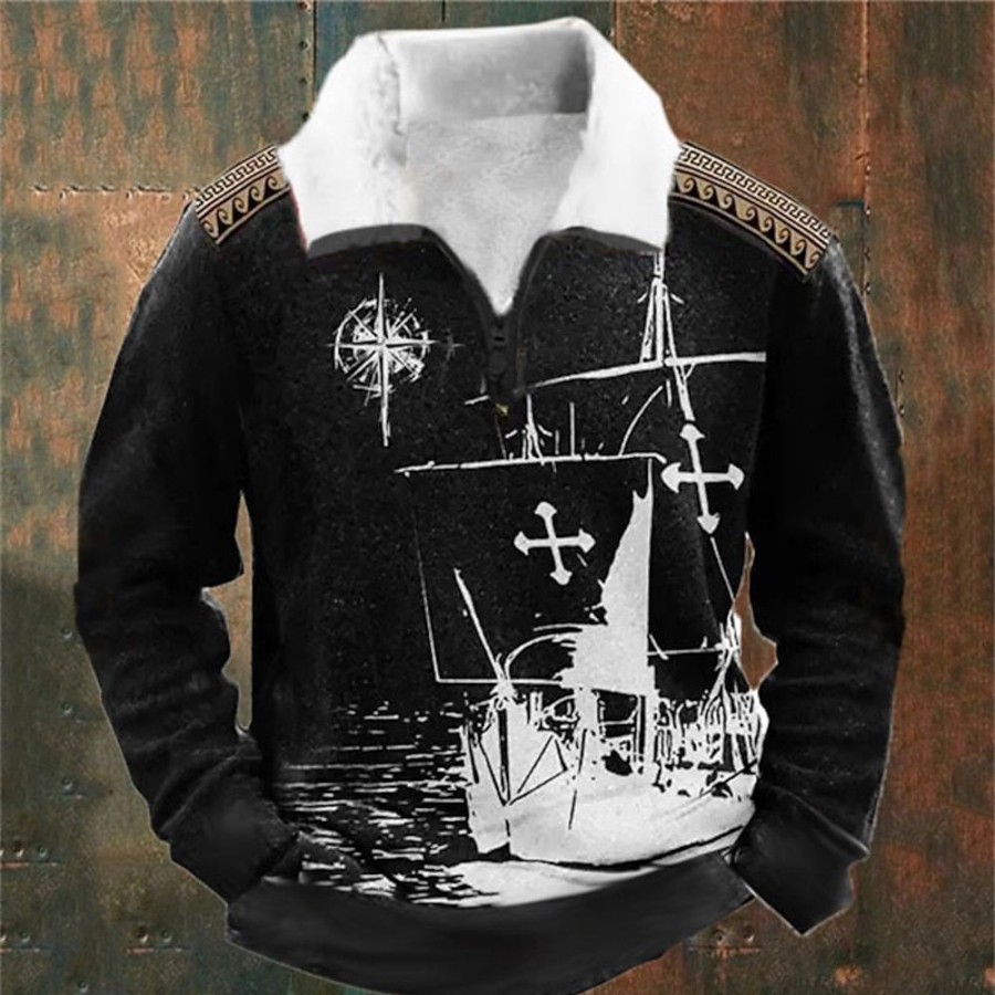 Sweats A Capuche Et Sweat-Shirts LITB | Graphic Bateau Homme Du Quotidien 3D Effet Sweat Shirt Vacances Sortie Vetement De Rue Sweats Manche Longue Quarter Zip Imprimer Toison Automne Hiver Designer Sweat A Capuche Noir