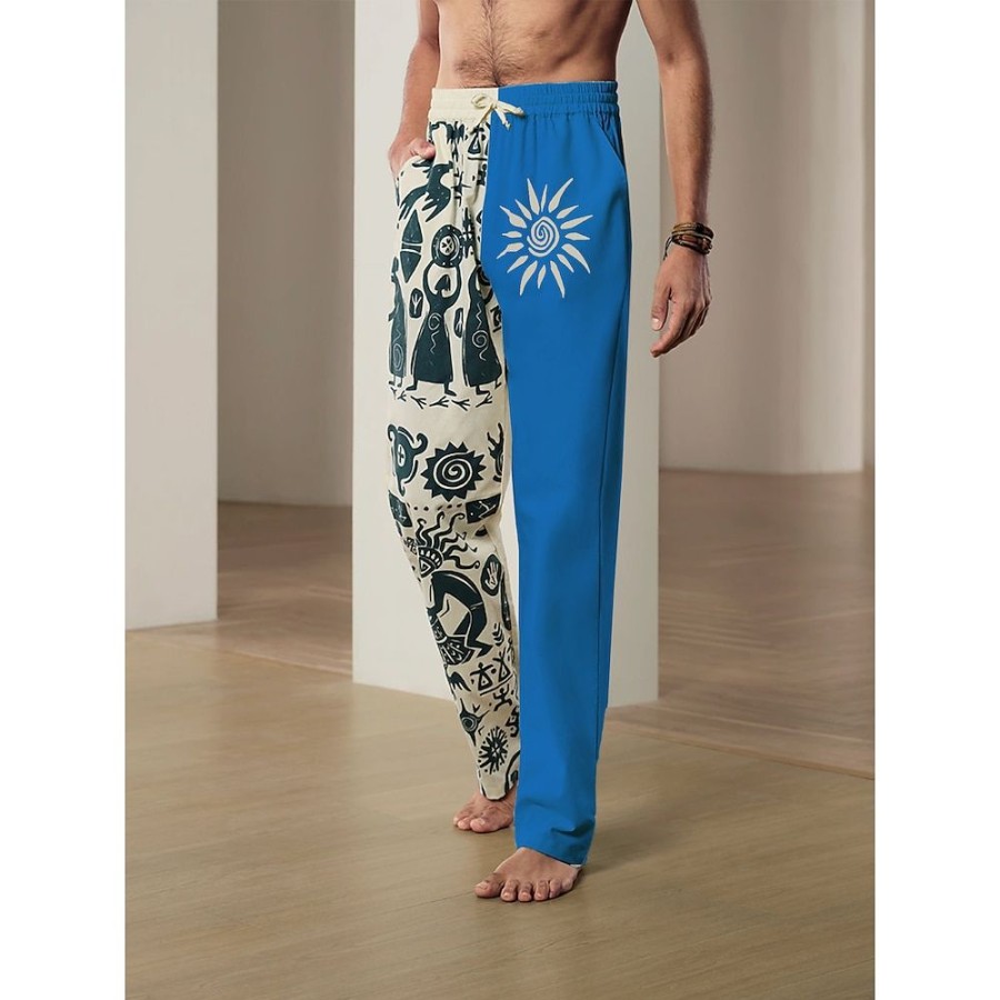 Boutique De Linge LITB | Homme Pantalon En Lin Pantalon Pantalon Ete Pantalon De Plage Cordon Taille Elastique Impression 3D Imprimes Photos Fleur Confort Casual Du Quotidien Vacances Melange De Lin & Coton 20% Lin Retro