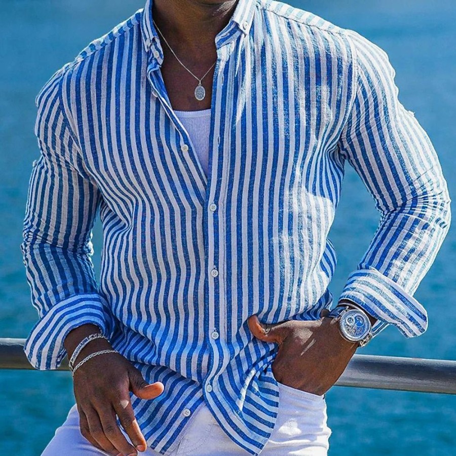 Boutique De Linge LITB | Homme Chemise Chemise Lin Chemisette Chemise D Ete Chemise De Plage Manche Longue Raye Revers Printemps Ete Hawaien Vacances Vetement Tenue Imprimer