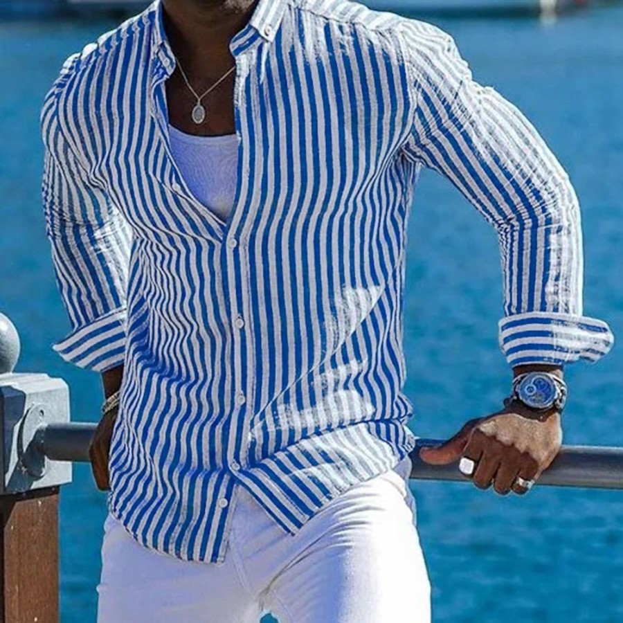 Boutique De Linge LITB | Homme Chemise Chemise Lin Chemisette Chemise D Ete Chemise De Plage Manche Longue Raye Revers Printemps Ete Hawaien Vacances Vetement Tenue Imprimer