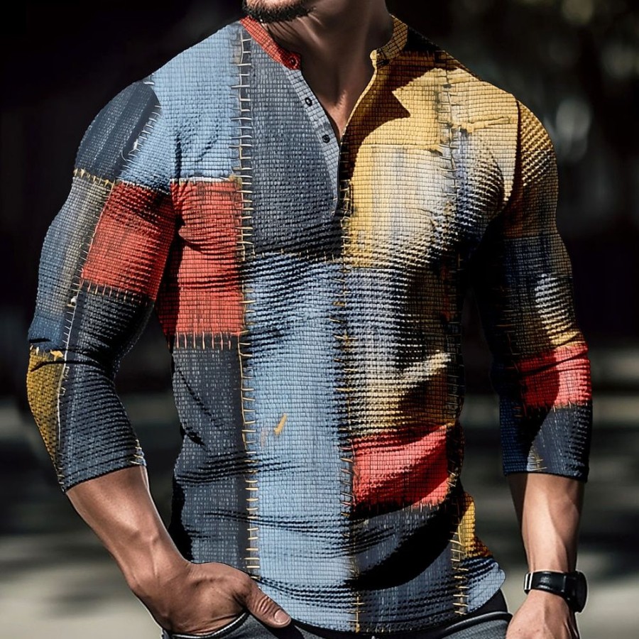 T-Shirts Et Debardeurs Pour Hommes LITB | Graphic Bloc De Couleur Mosaique Du Quotidien Classique Exterieur Homme 3D Effet Sport Exterieur Casual Vacances T-Shirt Manche Longue Henley Chemise Automne Vetement Tenue Normal S M L Xl