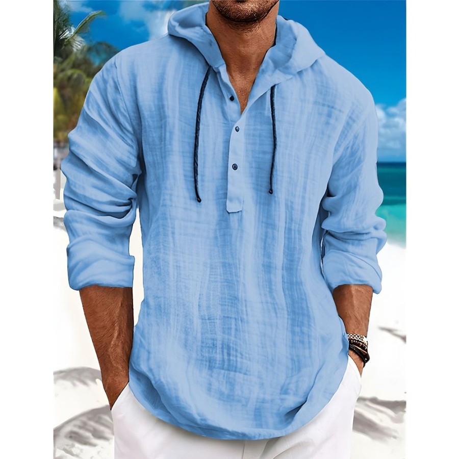 Boutique De Linge LITB | Homme Chemise Chemise Lin Chemisette Chemise D Ete Chemise De Plage Manche Longue Plein Capuche Printemps Ete Casual Du Quotidien Vetement Tenue