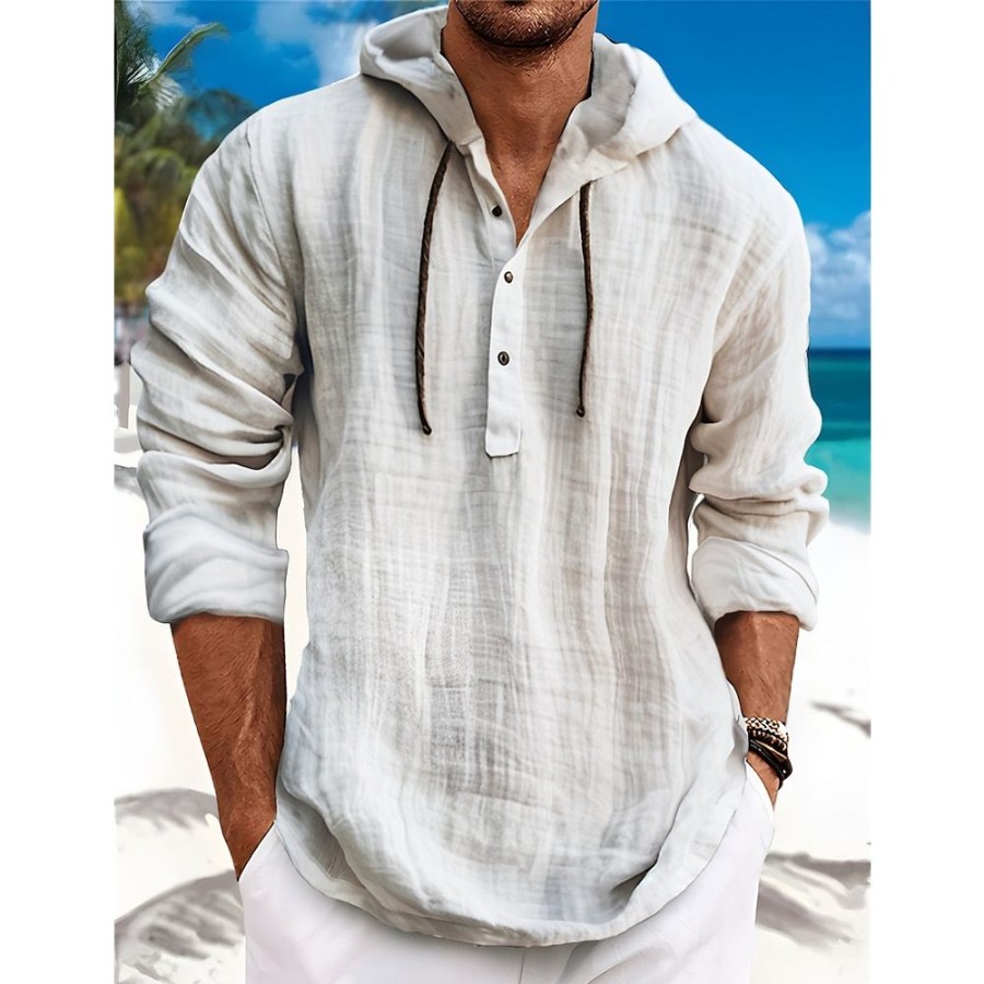 Boutique De Linge LITB | Homme Chemise Chemise Lin Chemisette Chemise D Ete Chemise De Plage Manche Longue Plein Capuche Printemps Ete Casual Du Quotidien Vetement Tenue