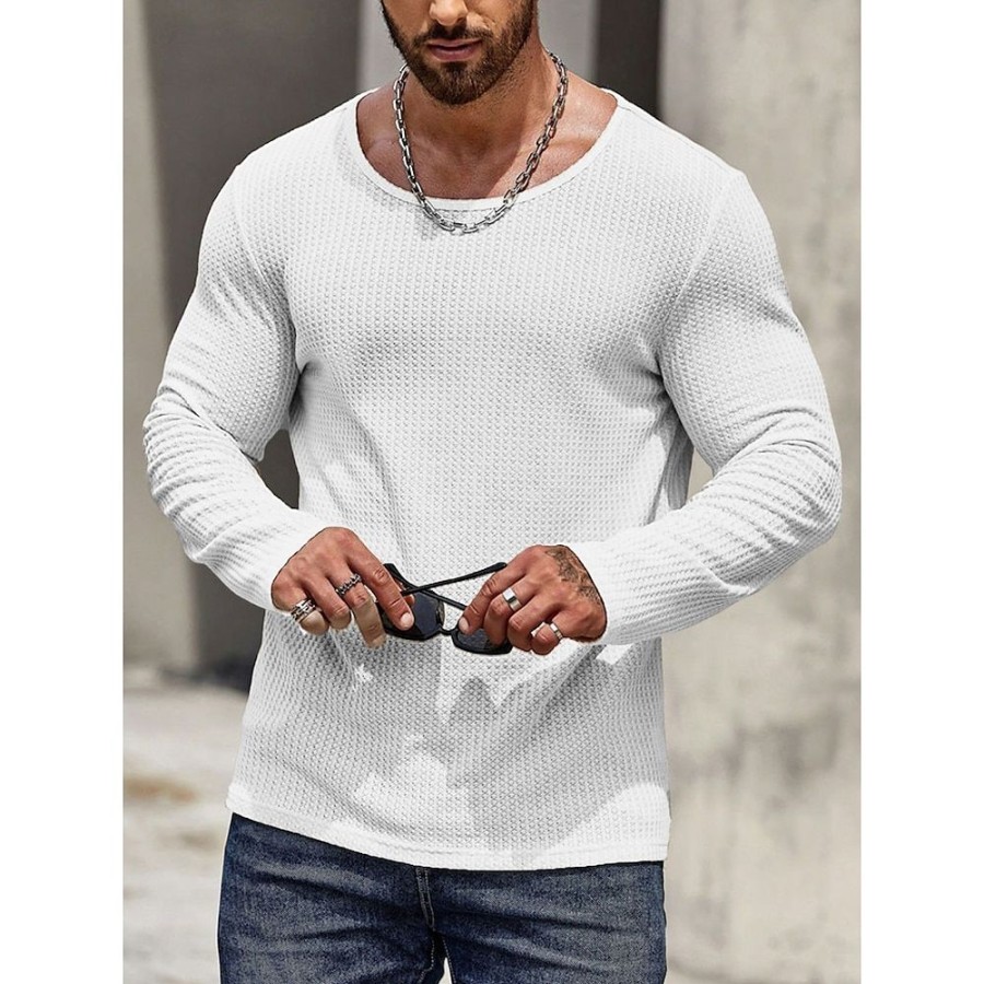 T-Shirts Et Debardeurs Pour Hommes LITB | Homme T Shirt Tee Chemise Gaufree T-Shirt Chemise A Manches Longues Plein Col Ras Du Cou Plein Air Vacances Manche Longue Vetement Tenue Mode Design Basique