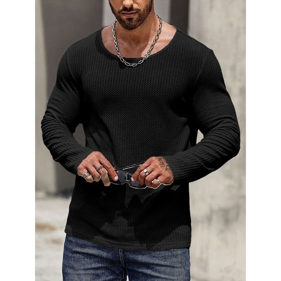 T-Shirts Et Debardeurs Pour Hommes LITB | Homme T Shirt Tee Chemise Gaufree T-Shirt Chemise A Manches Longues Plein Col Ras Du Cou Plein Air Vacances Manche Longue Vetement Tenue Mode Design Basique