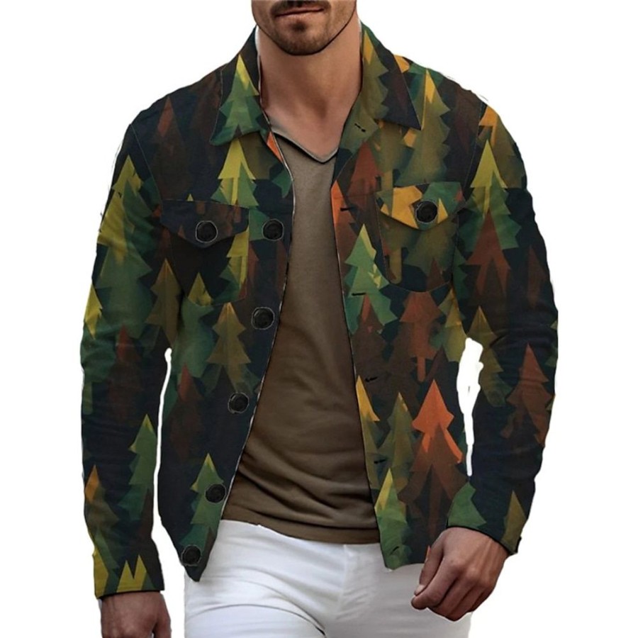 Vetements D'Exterieur Pour Hommes LITB | Bloc De Couleur Des Arbres Retro Vintage Homme Chemise Surchemise Exterieur Plein Air Casual Quotidien Automne Hiver Col Rabattu Manche Longue S M L Chemise