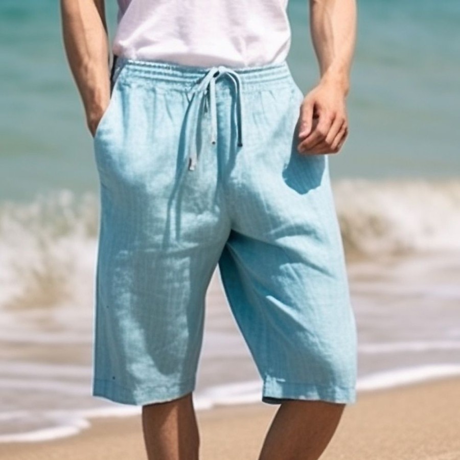 Bas Pour Hommes LITB | Homme Short Short En Lin Short D Ete Cordon Taille Elastique Jambe Droite Plein Confort Respirable Court Casual Du Quotidien Vacances Melange De Lin & Coton Mode Style Classique