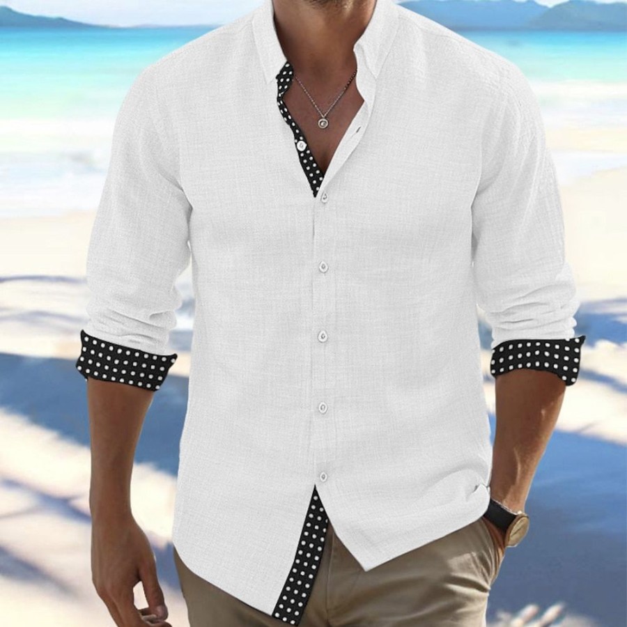 Chemises Pour Hommes LITB | Homme Chemise Chemise Lin Chemise Boutonnee Chemise De Plage Manche Longue Pois Revers Printemps & Automne Casual Du Quotidien Vetement Tenue Epissure