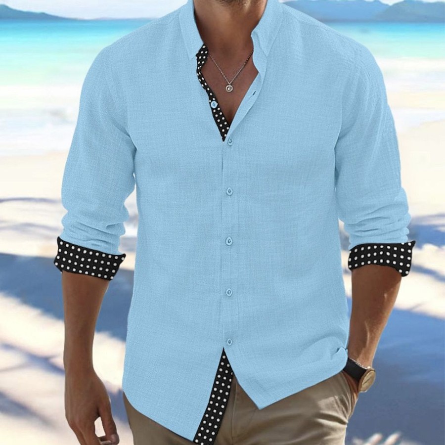 Chemises Pour Hommes LITB | Homme Chemise Chemise Lin Chemise Boutonnee Chemise De Plage Manche Longue Pois Revers Printemps & Automne Casual Du Quotidien Vetement Tenue Epissure