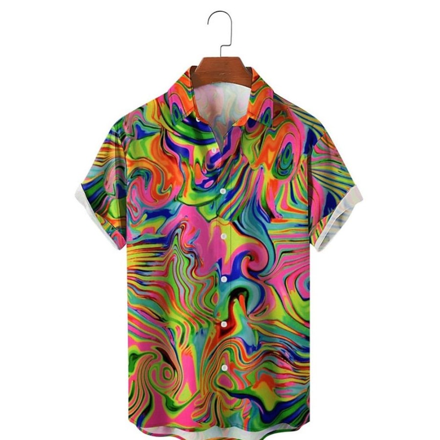 Chemises Pour Hommes LITB | 3D Print Abstrait Homme Chemise Usage Quotidien Sortie Fin De Semaine Automne Col Rabattu Manches Courtes S, M, L Tissu Extensible Dans Les 4 Sens Chemise Arc-En-Ciel