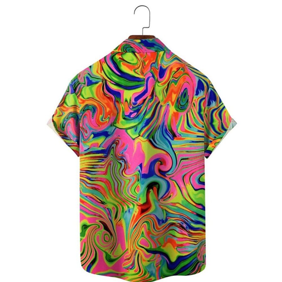 Chemises Pour Hommes LITB | 3D Print Abstrait Homme Chemise Usage Quotidien Sortie Fin De Semaine Automne Col Rabattu Manches Courtes S, M, L Tissu Extensible Dans Les 4 Sens Chemise Arc-En-Ciel