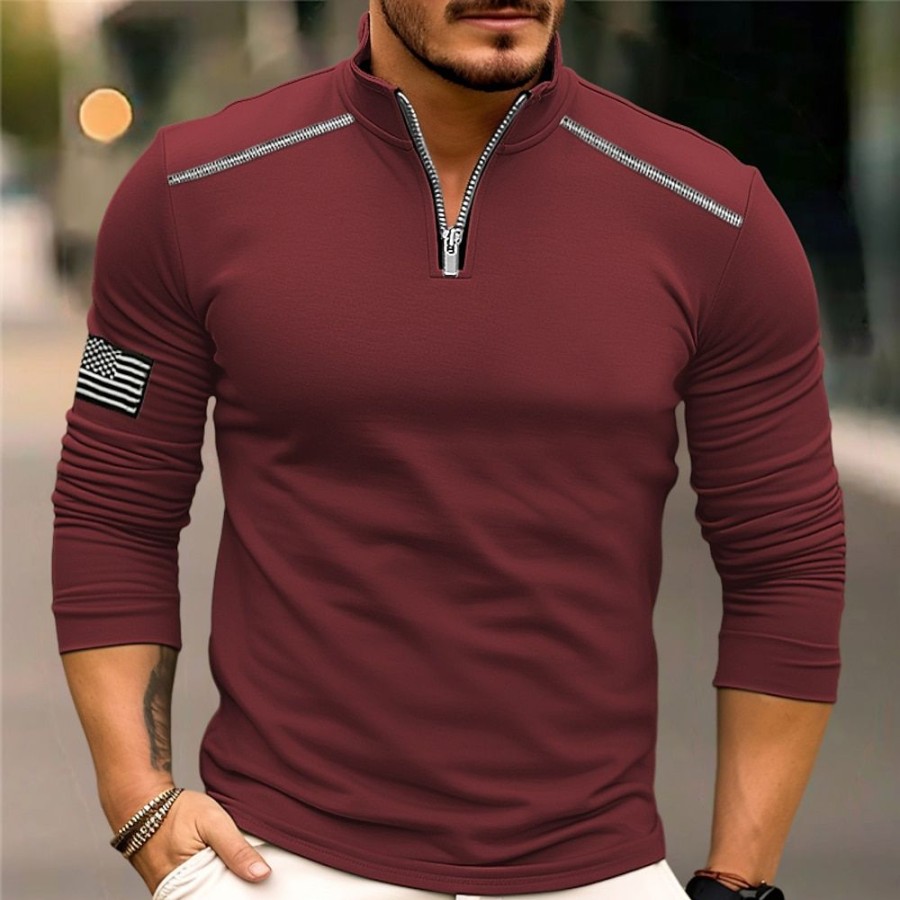 T-Shirts Et Debardeurs Pour Hommes LITB | Homme T Shirt Tee Demi-Chemise Zippee T-Shirt Chemise A Manches Longues Drapeau National Quarter Zip Plein Air Vacances Manche Longue Poche Vetement Tenue Mode Design Basique