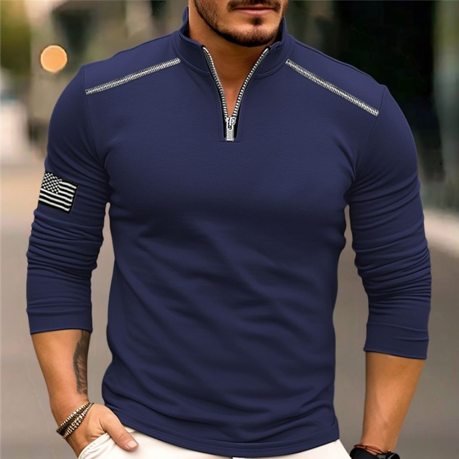 T-Shirts Et Debardeurs Pour Hommes LITB | Homme T Shirt Tee Demi-Chemise Zippee T-Shirt Chemise A Manches Longues Drapeau National Quarter Zip Plein Air Vacances Manche Longue Poche Vetement Tenue Mode Design Basique