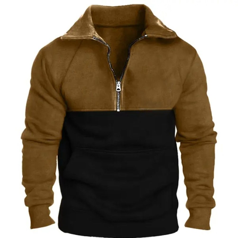 Sweats A Capuche Et Sweat-Shirts LITB | Homme Sweat Shirt Sweat-Shirt Quart De Fermeture Eclair Demi Fermeture Eclair Plein Patchwork Bloc De Couleur Sport & Loisir Du Quotidien Vacances Vetement De Rue Basique Decontractees Marron