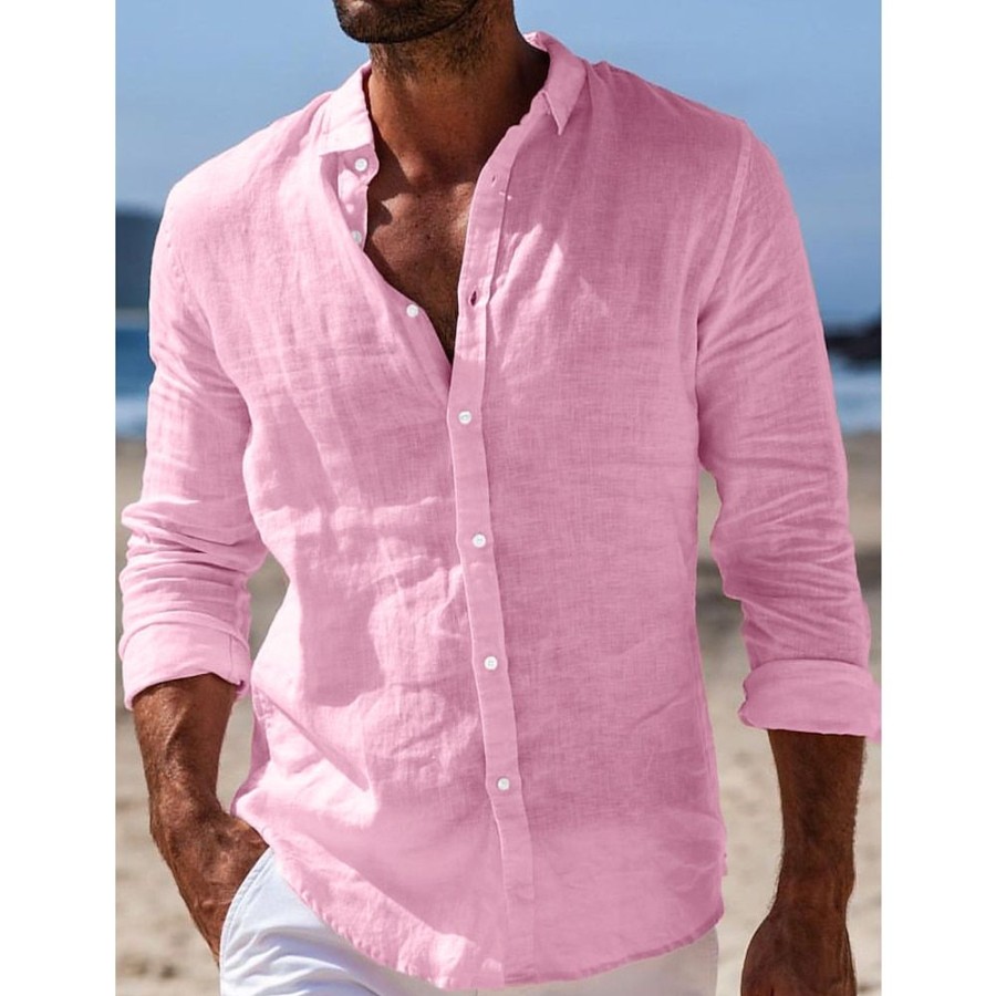 Boutique De Linge LITB | Homme Chemise Chemise Lin Chemise Boutonnee Chemisette Chemise D Ete Chemise De Plage Manche Longue Plein Col Rabattu Printemps Ete Casual Du Quotidien Vetement Tenue Rose Claire