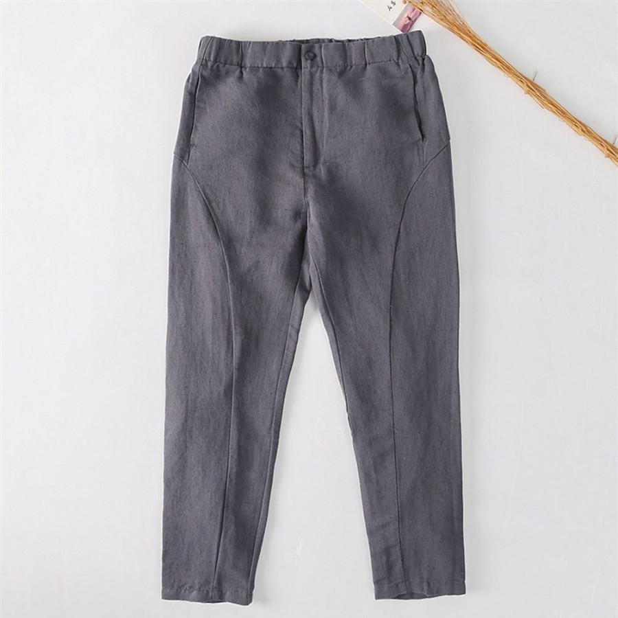 Bas Pour Hommes LITB | 100% Lin Homme Pantalon En Lin Pantalon Cordon Taille Elastique Jambe Droite Plein Confort Respirable Casual Du Quotidien Vacances Mode Style Classique Gris Fonce