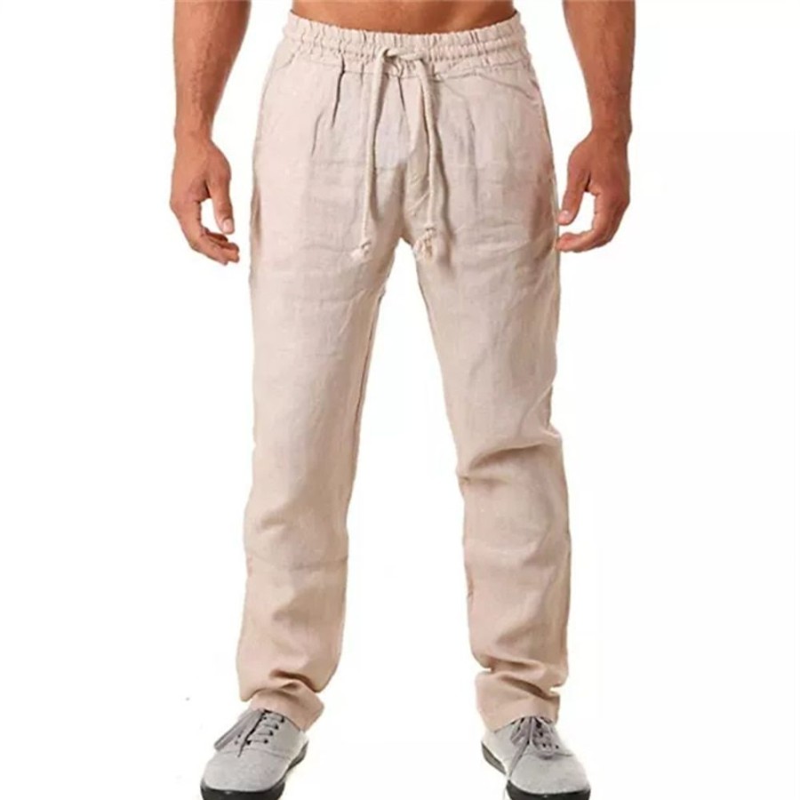 Bas Pour Hommes LITB | Homme Pantalon En Lin Pantalon Pantalons D Ete Pantalon De Plage Cordon Taille Elastique Jambe Droite Plein Confort Exterieur Casual Du Quotidien Melange De Lin & Coton Basique Vetement De Rue