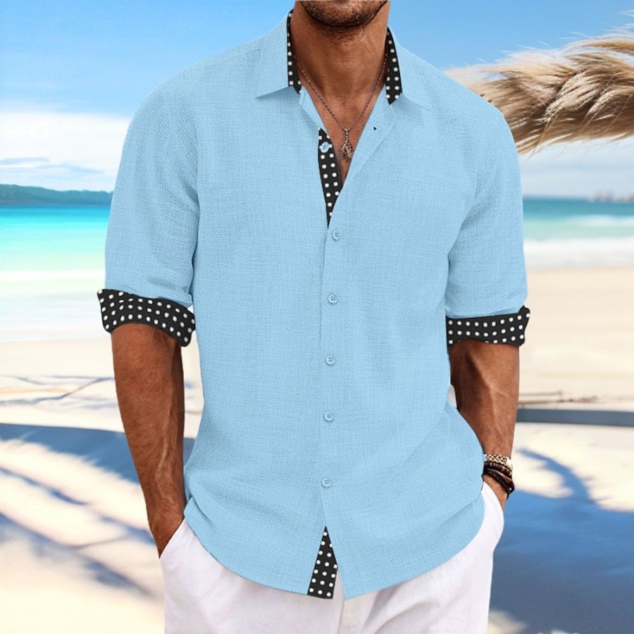 Chemises Pour Hommes LITB | Homme Chemise Chemise Lin Chemise Boutonnee Chemise De Plage Manche Longue Pois Revers Printemps Ete Casual Du Quotidien Vetement Tenue Patchwork