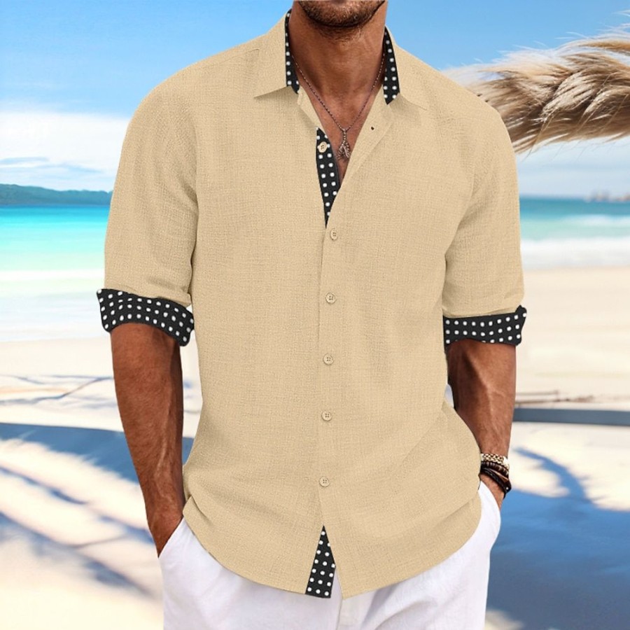 Chemises Pour Hommes LITB | Homme Chemise Chemise Lin Chemise Boutonnee Chemise De Plage Manche Longue Pois Revers Printemps Ete Casual Du Quotidien Vetement Tenue Patchwork