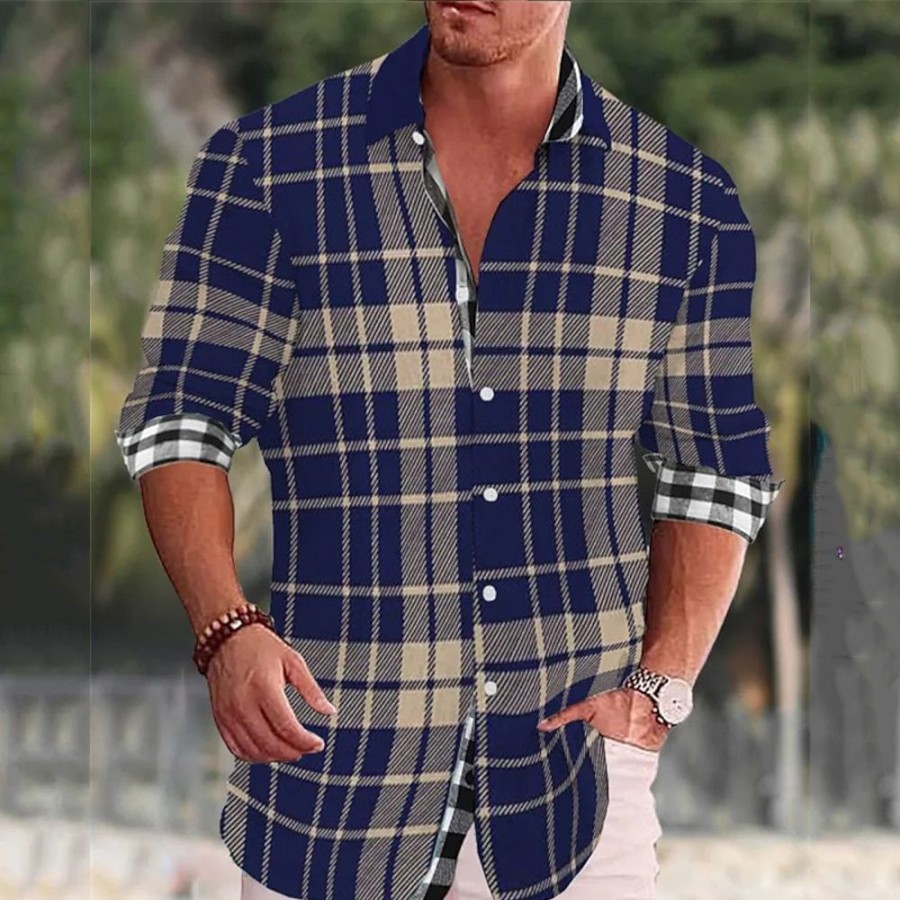 Chemises Pour Hommes LITB | Plaid Decontractees Homme Chemise Chemise Lin Usage Quotidien Sortie Fin De Semaine Automne Hiver Col Rabattu Manche Longue S, M, L Tissu Flamme Chemise Bleu Marine