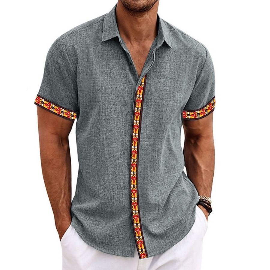 Boutique De Linge LITB | Homme Chemise Chemise Lin Imprimes Photos Geometrie Col Rabattu Exterieur Plein Air Manches Courtes Imprimer Vetement Tenue Lin Mode Design Decontractees Flexible