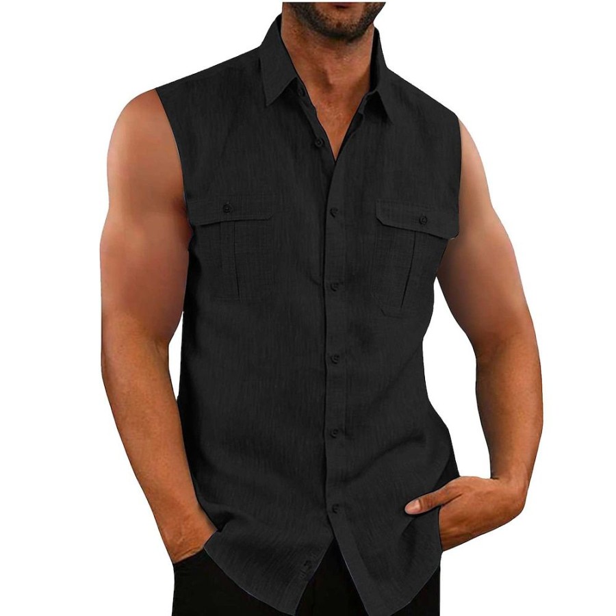 Chemises Pour Hommes LITB | Homme Chemise Lin Chemisette Chemise D Ete Chemise De Plage Vin Sans Manches Couleur Unie / Unie Col De Chemise Ete Hawaien Vetement Tenue