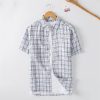 Boutique De Linge LITB | Homme Chemise Chemise Lin Chemise Decontractee Chemisette Chemise D Ete Manche Courte Plaid Revers Ete Casual Du Quotidien Vetement Tenue Bouton Bleu