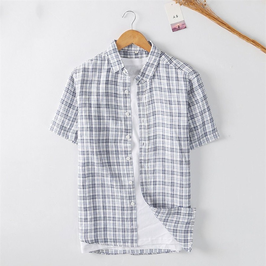 Boutique De Linge LITB | Homme Chemise Chemise Lin Chemise Decontractee Chemisette Chemise D Ete Manche Courte Plaid Revers Ete Casual Du Quotidien Vetement Tenue Bouton Bleu