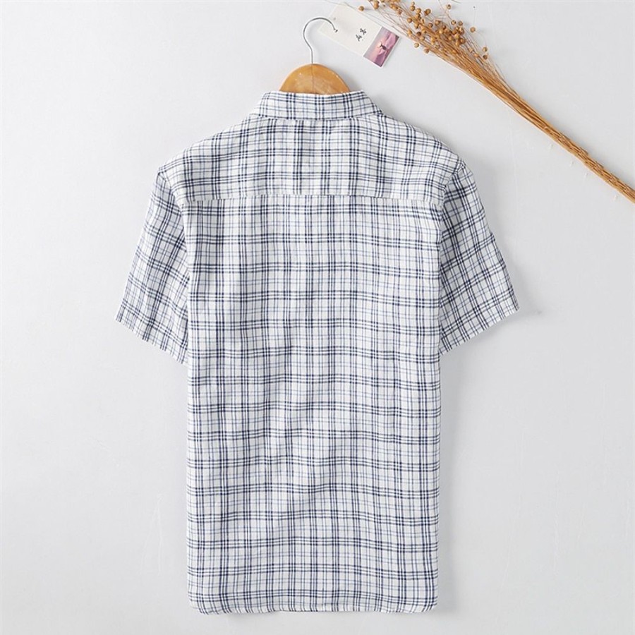 Boutique De Linge LITB | Homme Chemise Chemise Lin Chemise Decontractee Chemisette Chemise D Ete Manche Courte Plaid Revers Ete Casual Du Quotidien Vetement Tenue Bouton Bleu