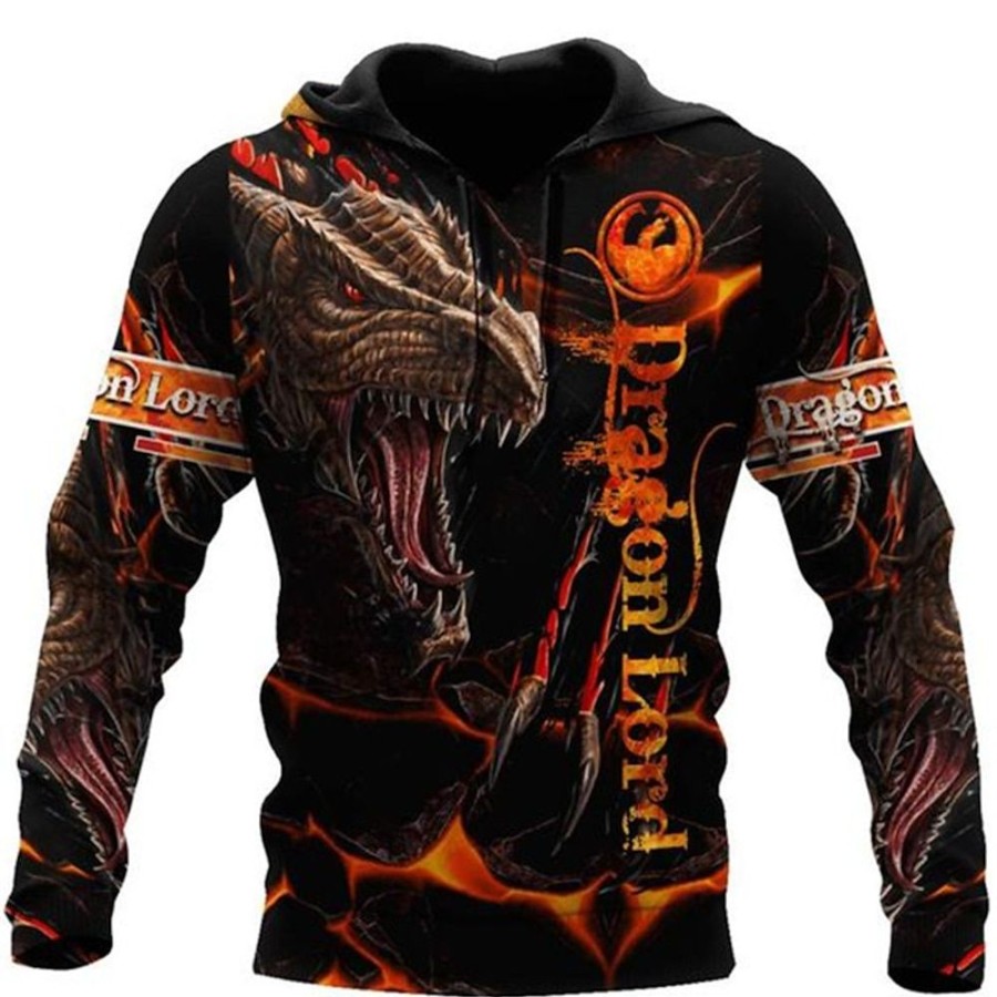 Sweats A Capuche Et Sweat-Shirts LITB | Homme Sweat A Capuche Capuche Dragon Imprimes Photos Viking Imprimer Du Quotidien Des Sports 3D Effet Basique Vetement De Rue Design Printemps & Automne Vetement Tenue Pulls Capuche Pulls Orange