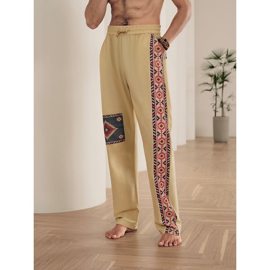 Boutique De Linge LITB | Homme Pantalon En Lin Pantalon Pantalon Ete Pantalon De Plage Cordon Taille Elastique Impression 3D Bloc De Couleur Imprimes Photos Confort Casual Du Quotidien Vacances Melange De Lin & Coton 20% Lin