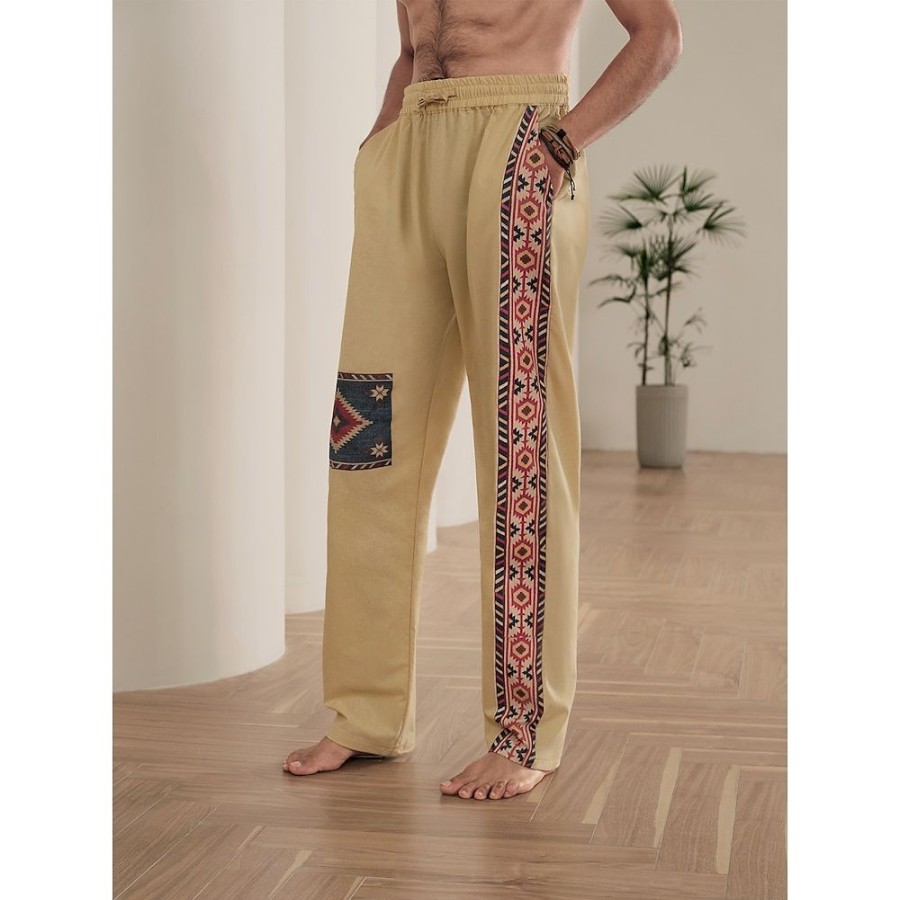 Boutique De Linge LITB | Homme Pantalon En Lin Pantalon Pantalon Ete Pantalon De Plage Cordon Taille Elastique Impression 3D Bloc De Couleur Imprimes Photos Confort Casual Du Quotidien Vacances Melange De Lin & Coton 20% Lin