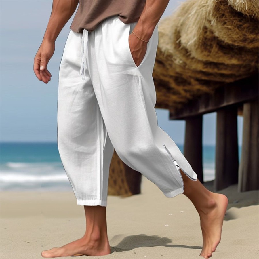 Boutique De Linge LITB | Homme Pantalon En Lin Pantalon Ete Pantalon De Plage Cordon Taille Elastique Jambe Zippee Plein Confort Respirable Casual Du Quotidien Vacances Melange De Lin & Coton Mode Style Classique