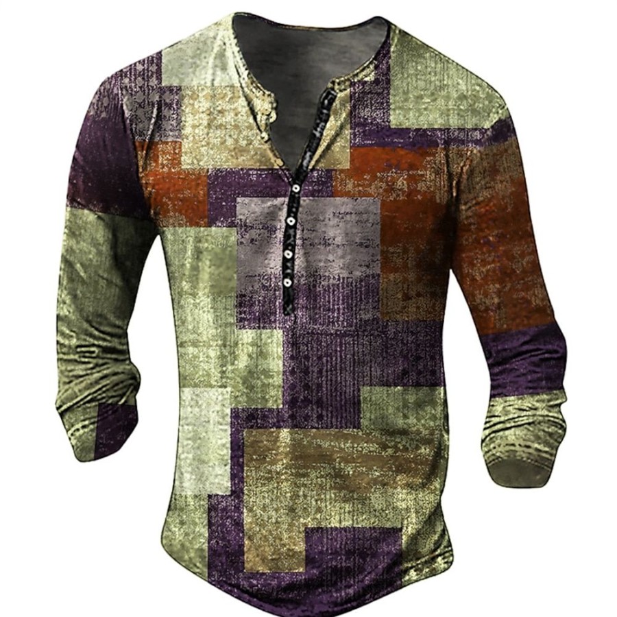 T-Shirts Et Debardeurs Pour Hommes LITB | Graphic Mosaique Mode Du Quotidien Decontractees Homme 3D Effet Chemise Henley Shirt Casual Vacances Sortie T-Shirt Manche Longue Henley Chemise Printemps & Automne Vetement Tenue S