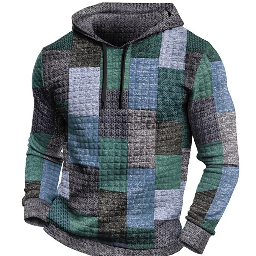 Sweats A Capuche Et Sweat-Shirts LITB | Bloc De Couleur Tartan Homme Du Quotidien 3D Effet Sweat Vacances Sortie Vetement De Rue Sweats A Capuche Sweat A Capuche Gaufre Claire Manche Longue Capuche Imprimer Printemps & Automne