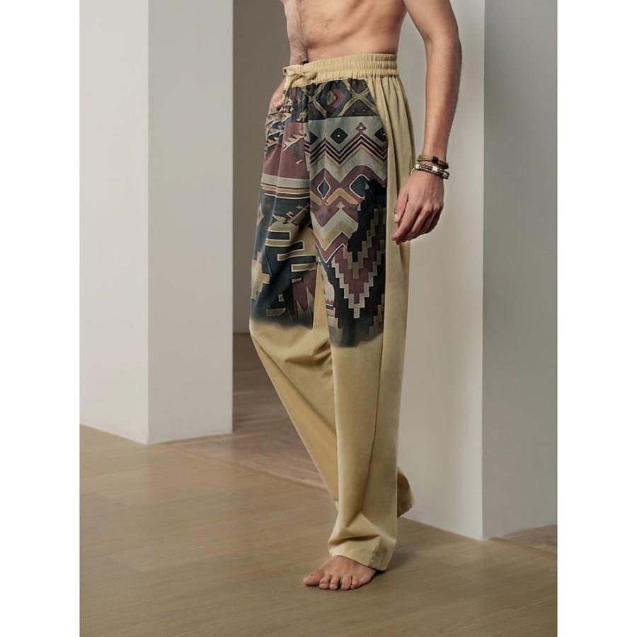 Boutique De Linge LITB | Homme Pantalon En Lin Pantalon Pantalon De Plage Cordon Taille Elastique Impression 3D Formes Geometriques Imprimes Photos Confort Casual Du Quotidien Vacances Melange De Lin & Coton 20% Lin Vetement